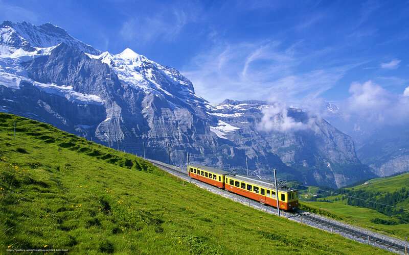 Train on Mountain Track — Green, Serene, Summer