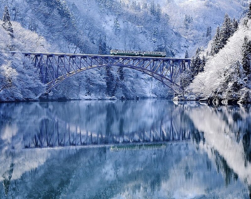 Train on Snow-covered Bridge — Blue