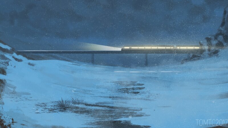 Train on Snowy Bridge — Blue