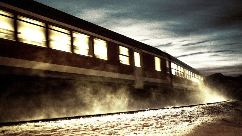 Train on Snowy Tracks — Yellow, Dramatic