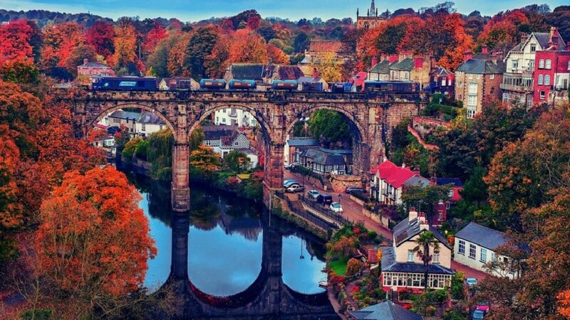 Train on Stone Bridge — Orange, Serene, Autumn