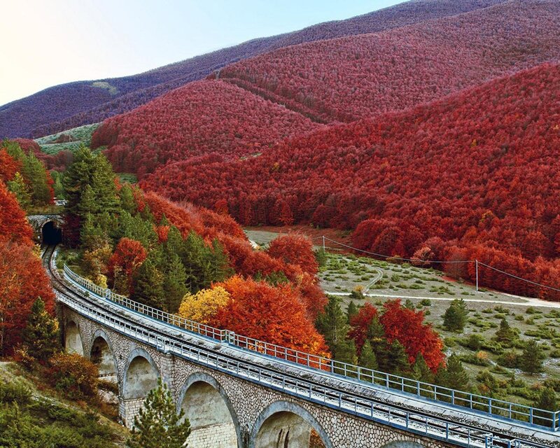 Train on Stone Bridge — Red