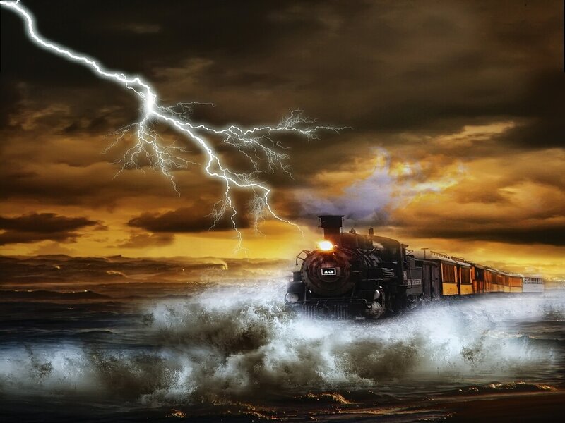 Train on stormy sea