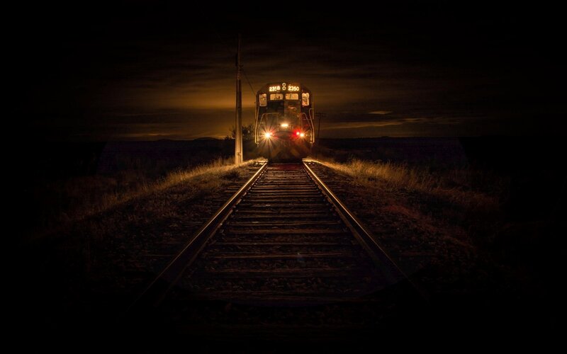 Train on Tracks at Night — Black, Dramatic