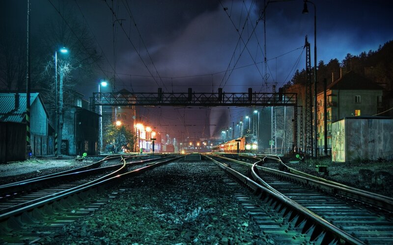 Train on Tracks at Night — Blue, Dark