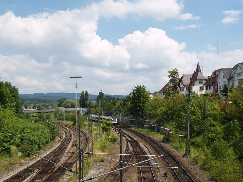 Train on tracks near town