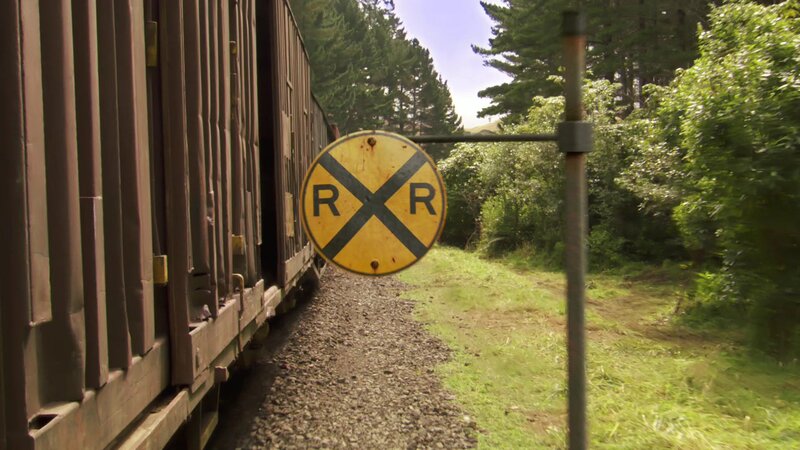 Train passing by crossing sign