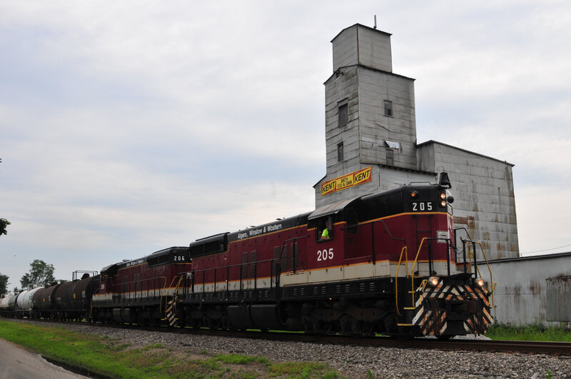 Train passing grain elevator