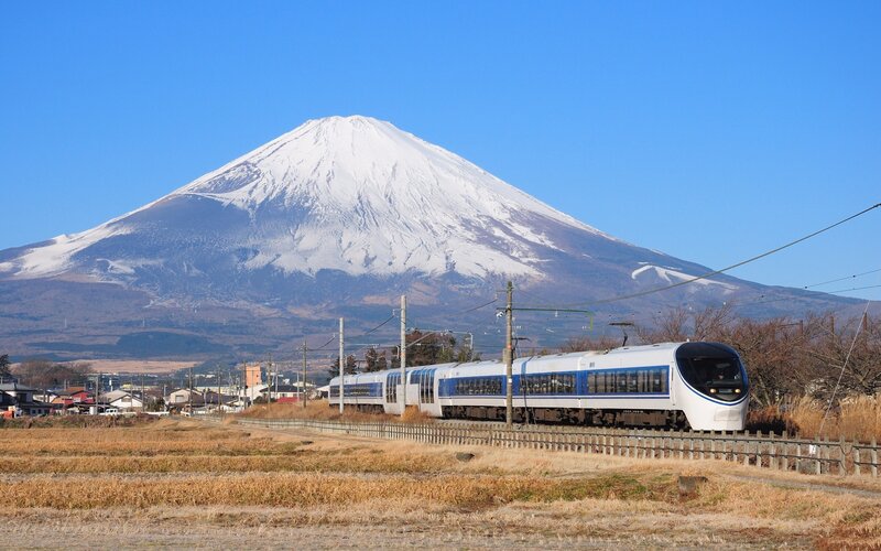 Train passing Mount Fuji