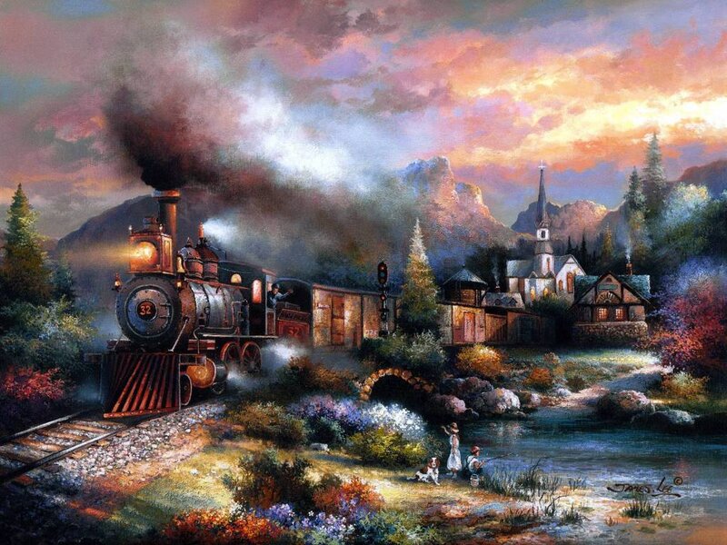 Train passing through a village