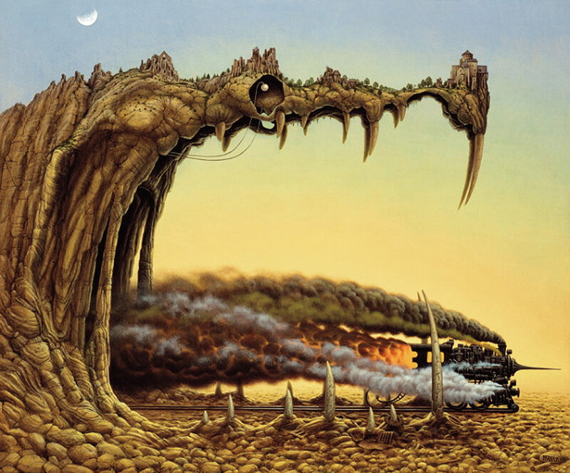 Train passing through giant jaw