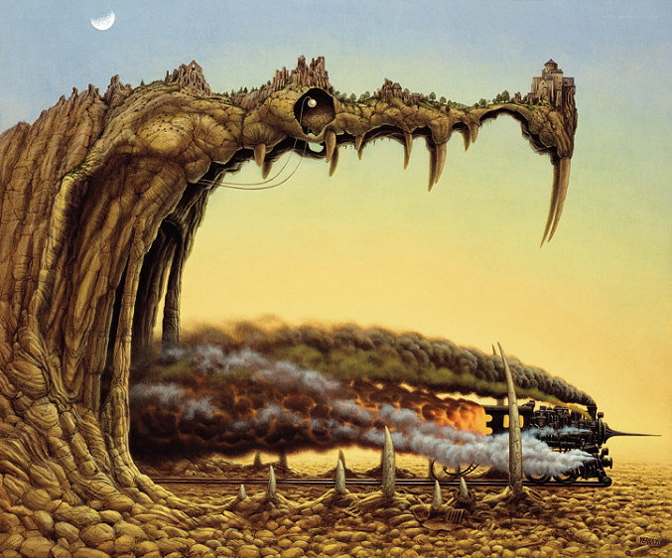 Train passing through giant jaw