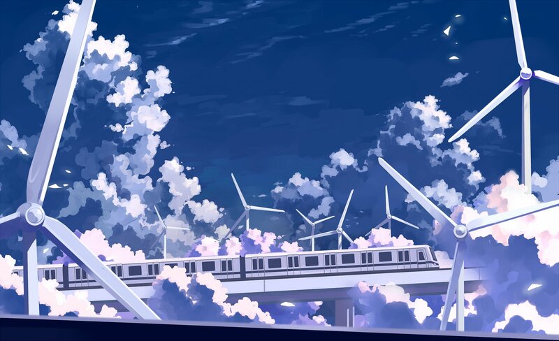 Train passing through wind farm
