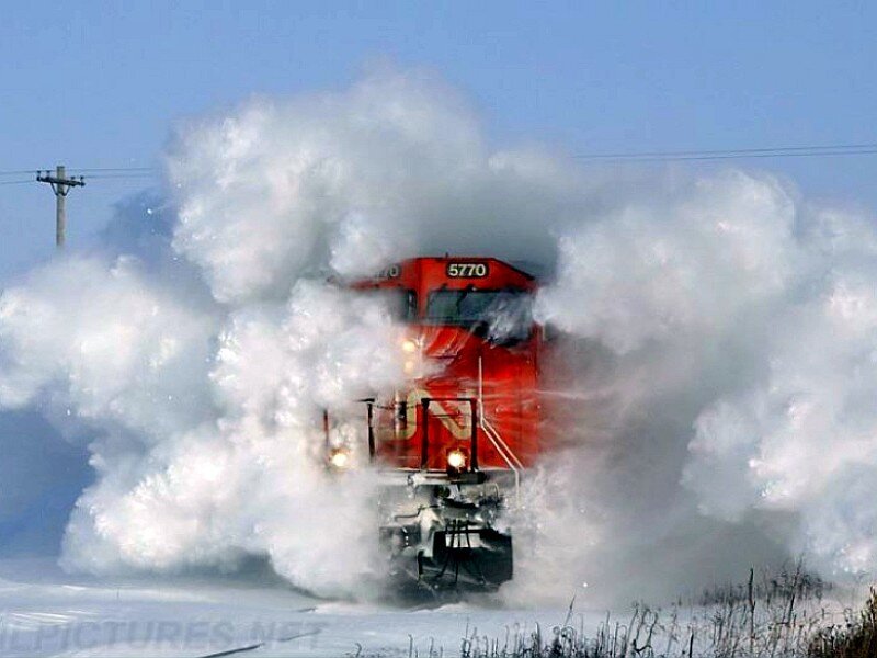 Train plowing through snow