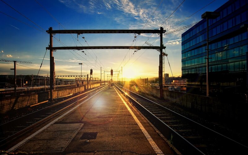 Train Station at Sunset — Blue, Dramatic, Photograph