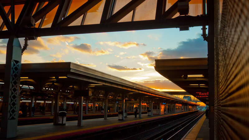 Train Station at Sunset — Orange, Dramatic, Photograph
