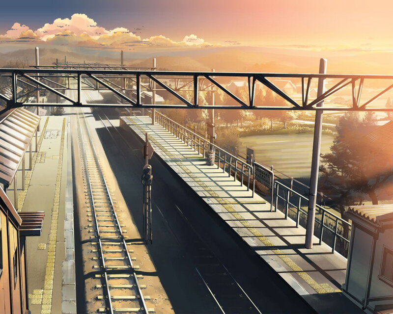 Train Station at Sunset — Orange, Serene, Anime, Train Tracks, Pedestrian Bridge