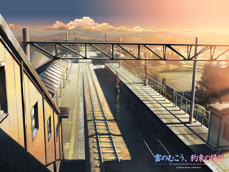 Train Station at Sunset — Orange, Serene, Anime, Train Tracks, Platforms