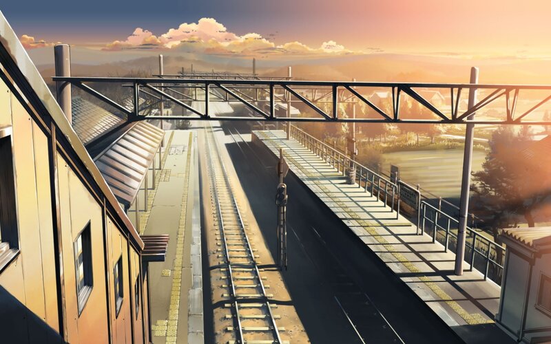 Train Station at Sunset — Orange, Serene, Anime, Train Tracks