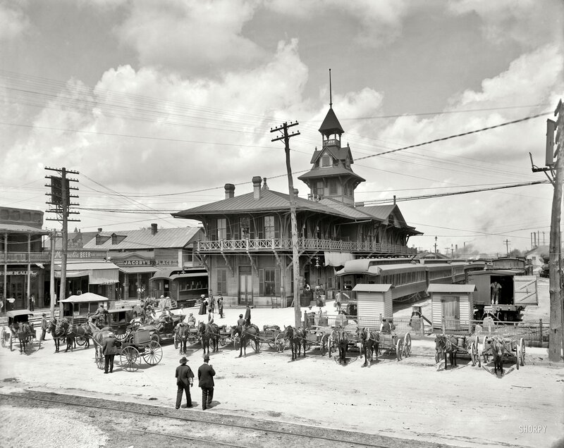 Train station in early 20th century town