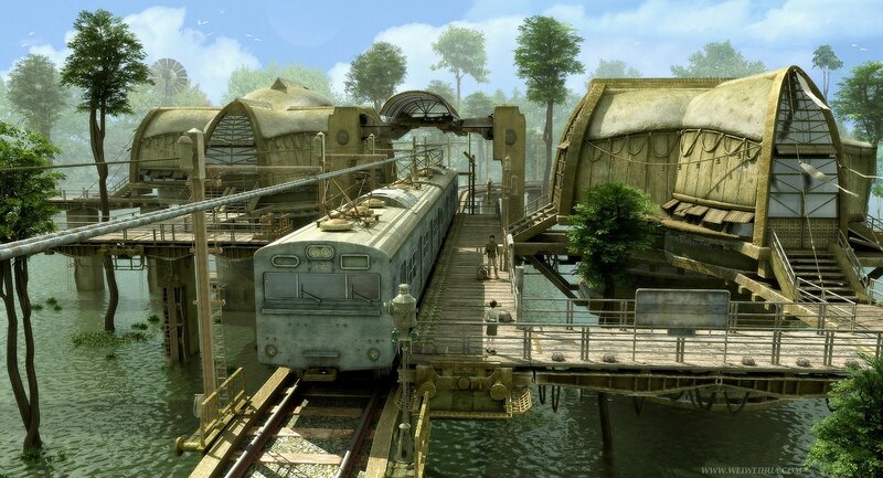 train station in flooded forest