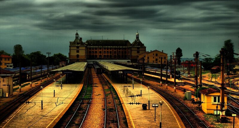 Train station under stormy sky