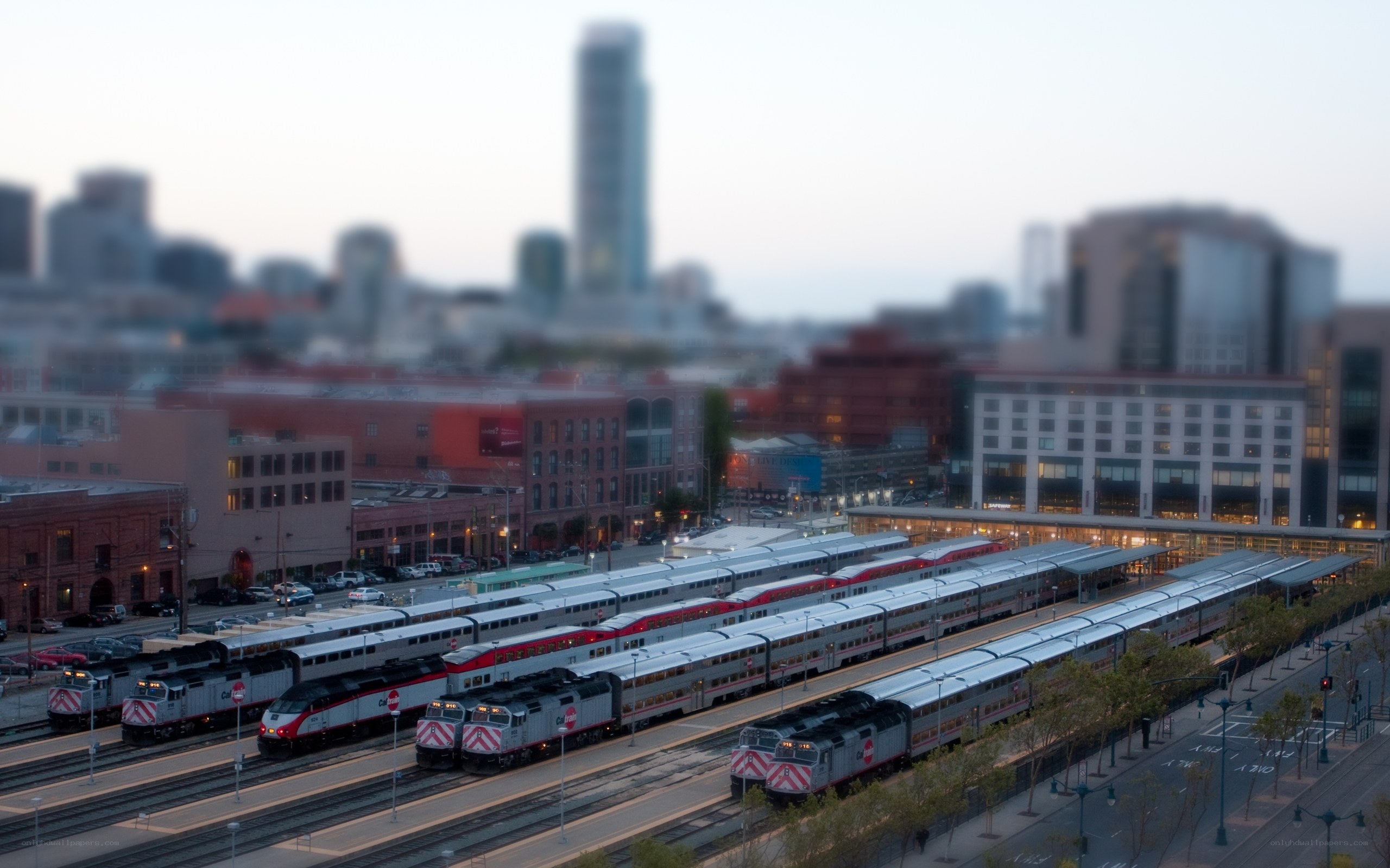 Train station with city skyline