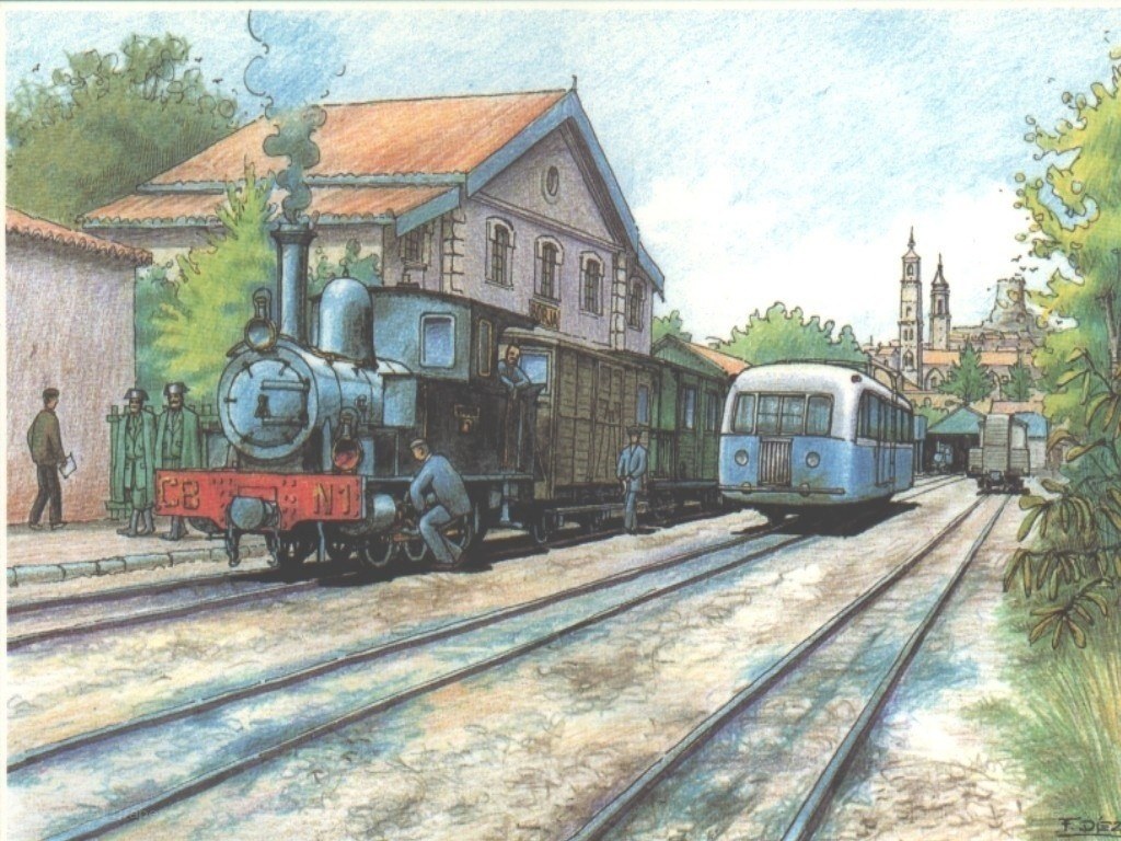 Train station with steam locomotive