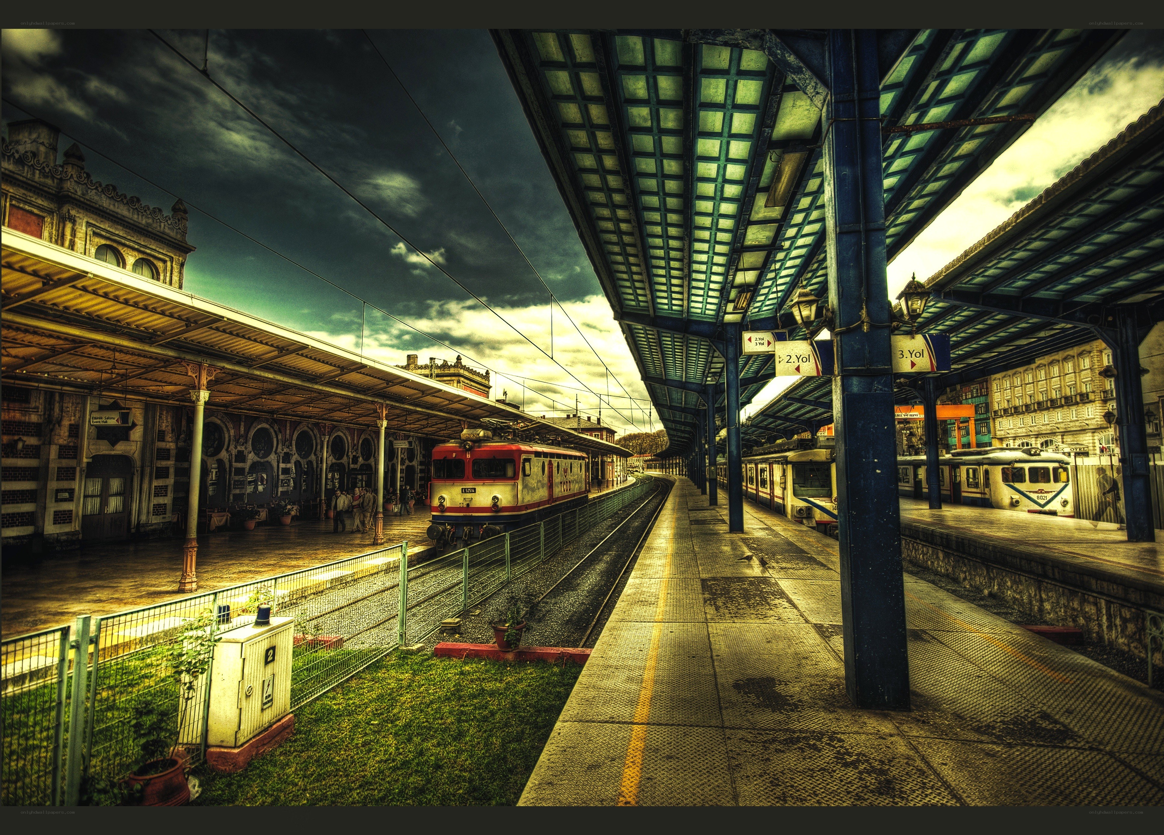 Train station with vintage trains