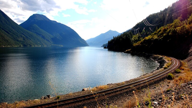 Train tracks along a lake