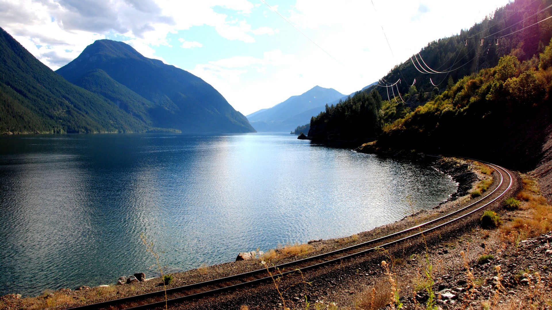 Train tracks along a lake