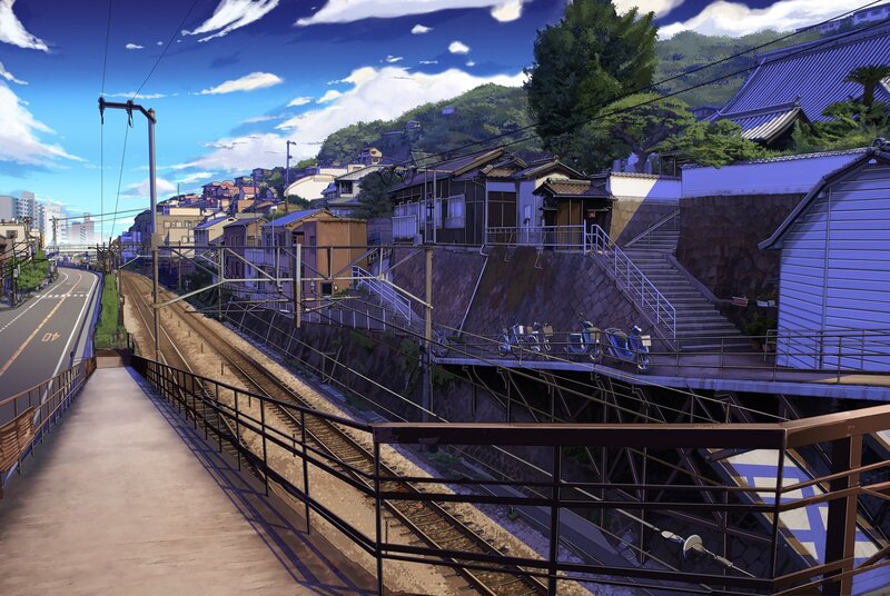 Train Tracks and Houses — Blue, Serene