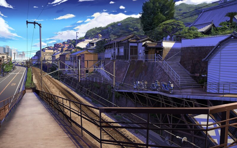 Train Tracks and Houses — Blue