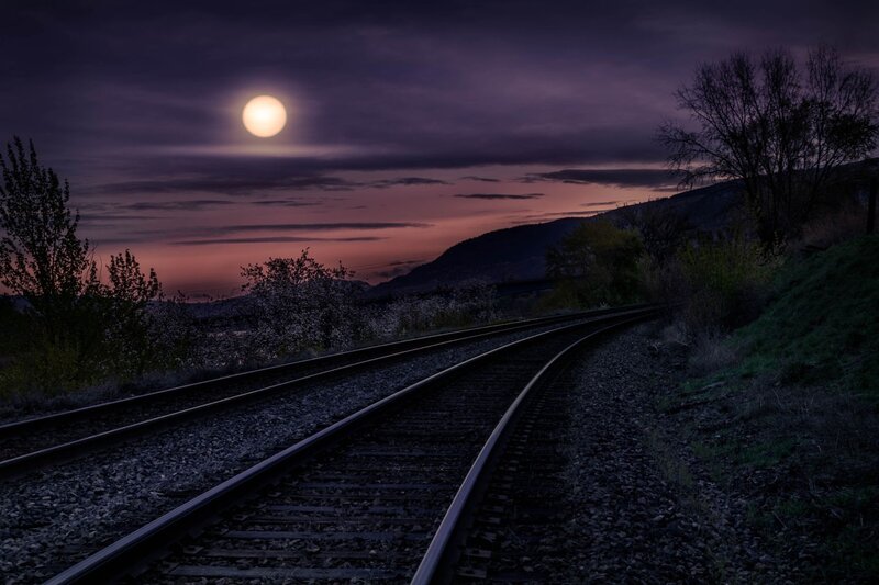 Train Tracks at Dusk — Purple, Dramatic, Night