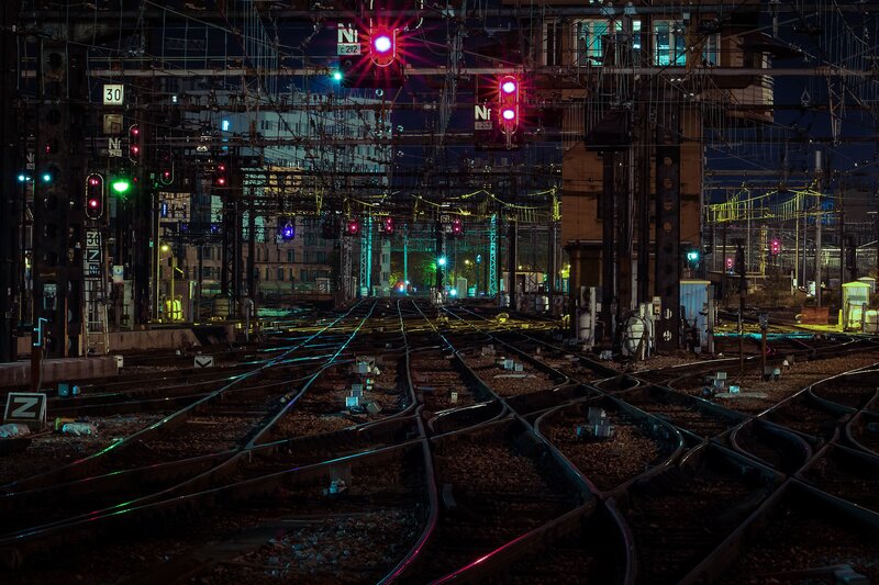 Train Tracks at Night — Black, Dark, Photograph, Railway Signals
