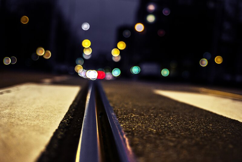 Train Tracks at Night — Black, Dark, Photograph