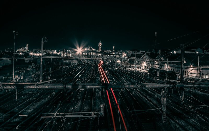 Train Tracks at Night — Black, Dramatic, Photograph