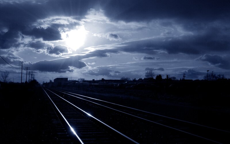 Train Tracks at Night — Blue, Dramatic, Photograph