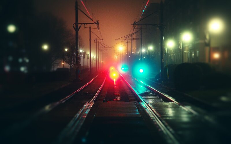 Train Tracks at Night — Red, Dark