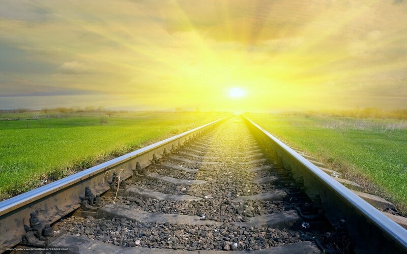 Train Tracks at Sunrise — Yellow, Serene