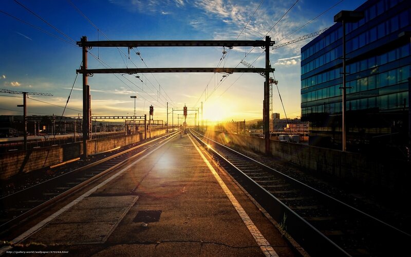 Train Tracks at Sunset — Blue, Dramatic, Photograph, Building