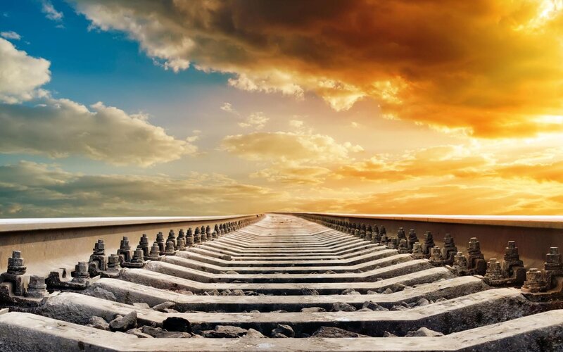 Train Tracks at Sunset — Blue, Dramatic, Photograph, Sky, Clouds