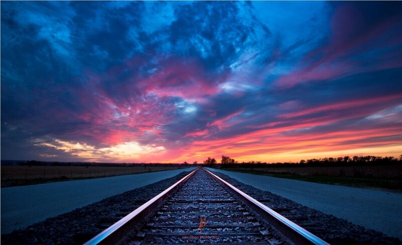 Train Tracks at Sunset — Blue, Dramatic, Photograph, Sky
