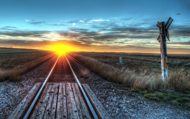 Train Tracks at Sunset — Blue, Dramatic, Photograph, Sun