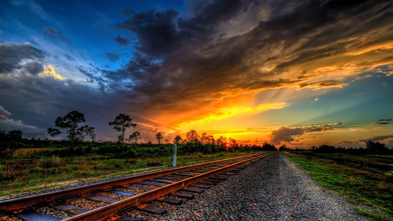 Train Tracks at Sunset — Blue, Dramatic, Photograph