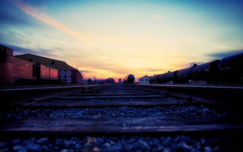 Train Tracks at Sunset — Blue, Dramatic, Photograph, Trains