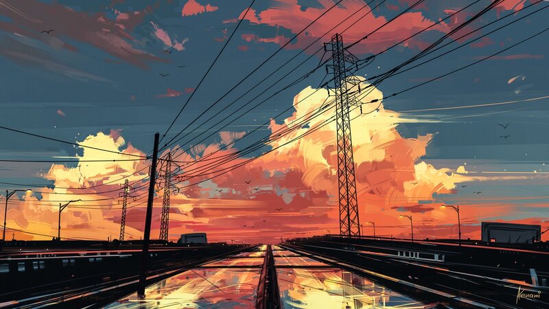 Train Tracks at Sunset — Orange, Dramatic, Digital Art, Clouds