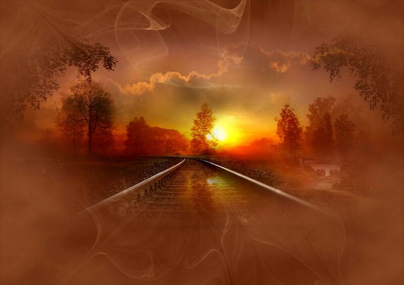 Train Tracks at Sunset — Orange, Dramatic, Digital Art