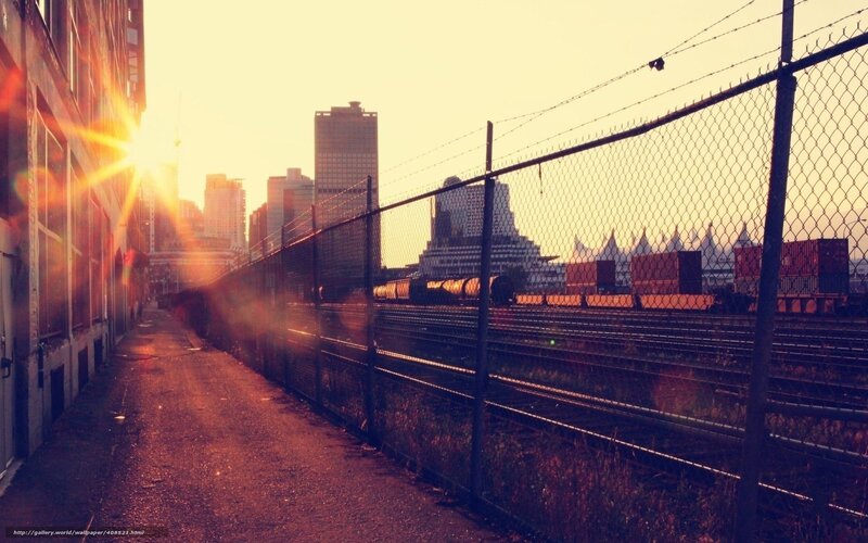 Train Tracks at Sunset — Orange, Dramatic, Photograph, City Skyline