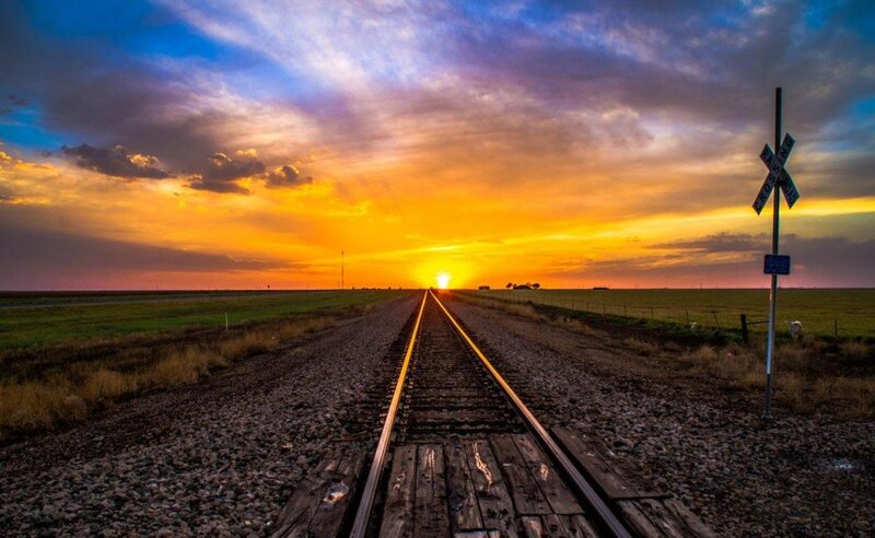 Train Tracks at Sunset — Orange, Dramatic, Photograph, Railroad Crossing Sign
